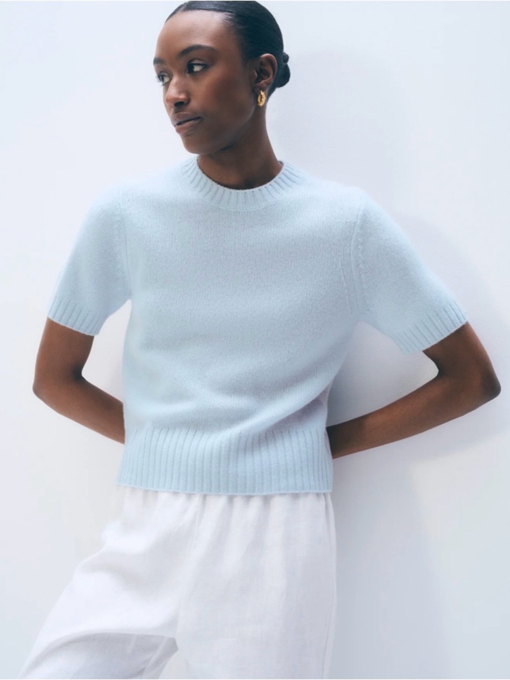 White + Warren 100% Cashmere Short Sleeve Knit Sweater Light Powder Blue XS
